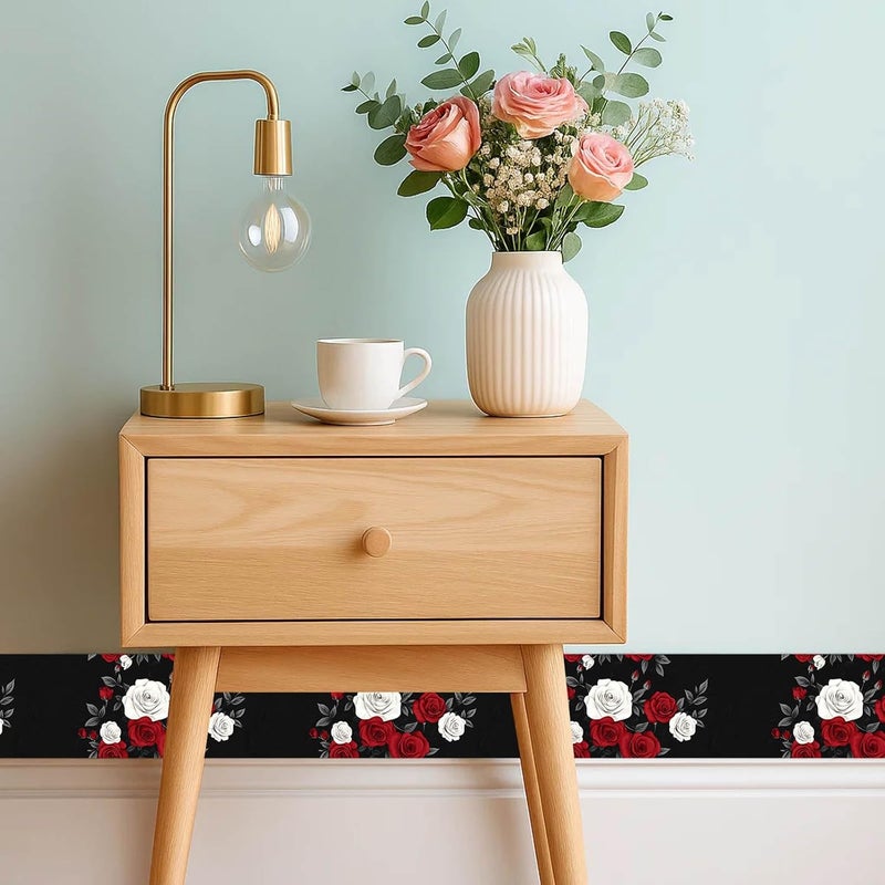 IVN Wallpaper Border Peel and Stick Decorative Wall Trim Self Adhesive Black Red White Rose Floral Design Wallpaper for Bathroom Laundry Room Pool Area Mirror Frame Shelf Wall Edge 4x196 Inch - Image 2